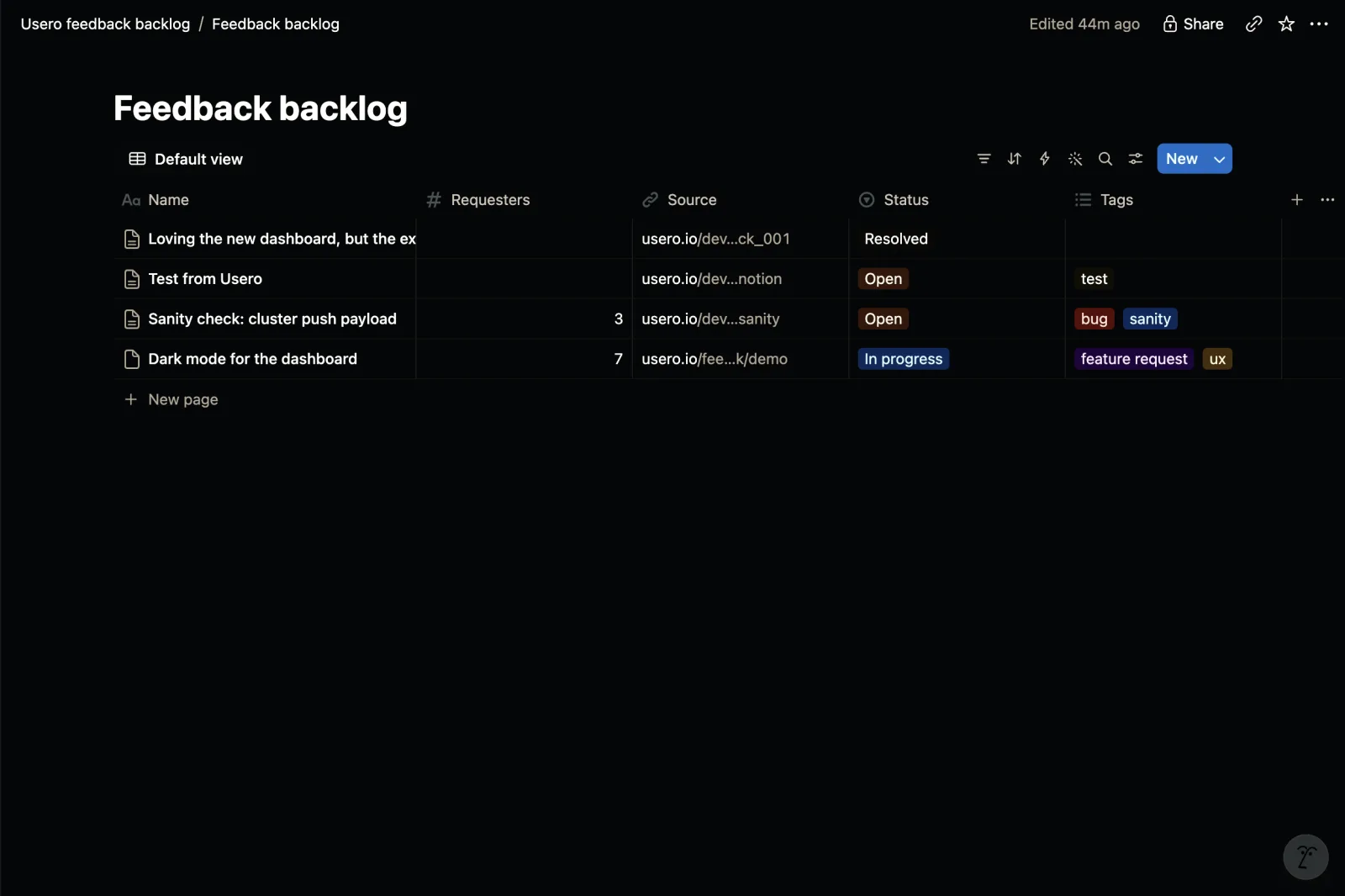 A Notion database called Feedback backlog with rows created by Usero, each carrying a requester count, a source link back to Usero, a status, and tags.