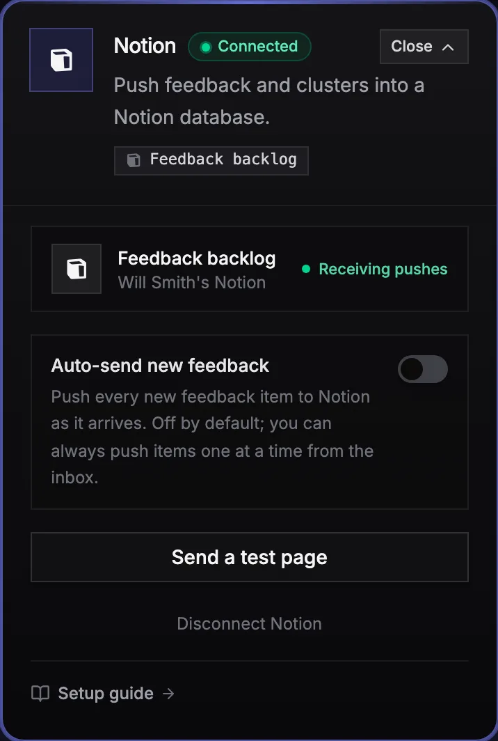 The Notion card on the Usero integrations page in a connected state, showing the selected Feedback backlog database, an auto-send toggle that is off, and a Send a test page button.